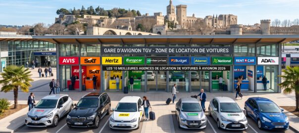 Zone des agences de location de voitures à la gare d'Avignon TGV avec le Palais des Papes en arrière-plan.