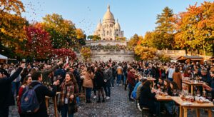 Foule festive au pied du Sacré-Cœur de Montmartre lors de la Fête des Vendanges 2026, avec des visiteurs en tenue d'automne et une ambiance conviviale et colorée