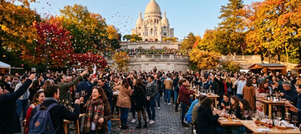 Foule festive au pied du Sacré-Cœur de Montmartre lors de la Fête des Vendanges 2026, avec des visiteurs en tenue d'automne et une ambiance conviviale et colorée