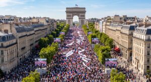 Vue aérienne des Champs-Élysées envahis par une immense foule lors de la messe en plein air du pape Léon XIV à Paris le 26 septembre 2026
