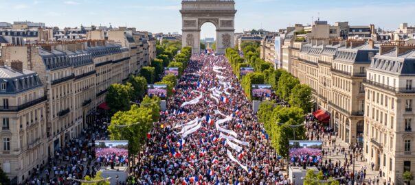 Vue aérienne des Champs-Élysées envahis par une immense foule lors de la messe en plein air du pape Léon XIV à Paris le 26 septembre 2026