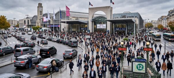 Entrée principale de Paris Expo Porte de Versailles lors du Mondial de l'Auto 2026, avec des visiteurs arrivant, la station de métro ligne 12 visible et des taxis en zone de dépose