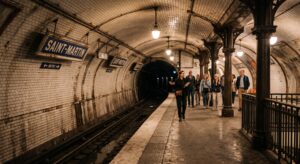 Intérieur d'une station de métro fantôme parisienne avec ses carreaux en céramique d'origine et ses piliers en fonte, éclairée pour une visite guidée lors des Journées du Patrimoine