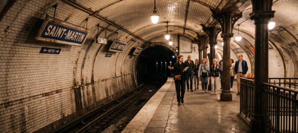 Intérieur d'une station de métro fantôme parisienne avec ses carreaux en céramique d'origine et ses piliers en fonte, éclairée pour une visite guidée lors des Journées du Patrimoine