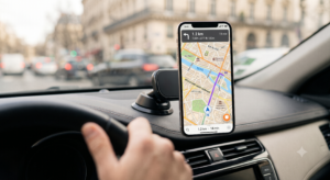 Smartphone monté sur tableau de bord affichant une application GPS avec la carte de Paris, mains du conducteur sur le volant en arrière-plan
