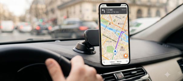 Smartphone monté sur tableau de bord affichant une application GPS avec la carte de Paris, mains du conducteur sur le volant en arrière-plan