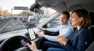 Deux collègues covoiturant ensemble sur le périphérique parisien le matin, smartphone avec application de covoiturage visible sur le tableau de bord