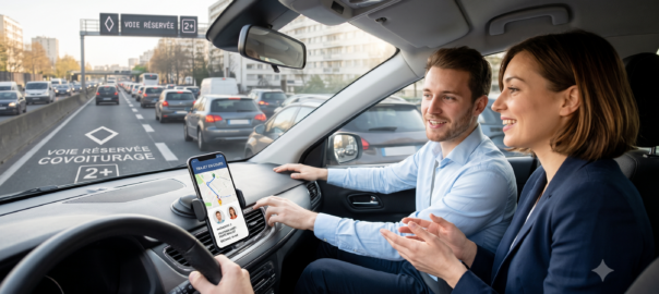 Deux collègues covoiturant ensemble sur le périphérique parisien le matin, smartphone avec application de covoiturage visible sur le tableau de bord