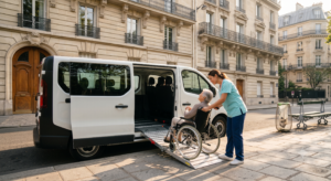 Minivan de transport adapté avec rampe d'accès déployée devant un immeuble parisien, un aidant accompagnant une personne en fauteuil roulant