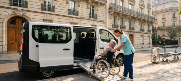 Minivan de transport adapté avec rampe d'accès déployée devant un immeuble parisien, un aidant accompagnant une personne en fauteuil roulant