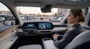 Intérieur d'une voiture autonome moderne avec interface de conduite autonome sur l'écran de bord, conducteur détendu les mains loin du volant, trafic urbain visible par le pare-brise
