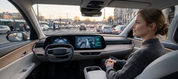 Intérieur d'une voiture autonome moderne avec interface de conduite autonome sur l'écran de bord, conducteur détendu les mains loin du volant, trafic urbain visible par le pare-brise