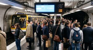Quai de métro parisien bondé un mardi matin de rentrée de septembre, avec des navetteurs portant sacs à dos et attachés-cases attendant le prochain train