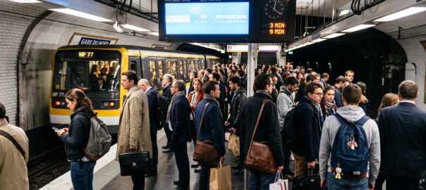 Quai de métro parisien bondé un mardi matin de rentrée de septembre, avec des navetteurs portant sacs à dos et attachés-cases attendant le prochain train