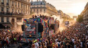 Char sonorisé coloré traversant un boulevard parisien bondé lors de la Techno Parade, entouré de centaines de festivaliers qui dansent dans la rue