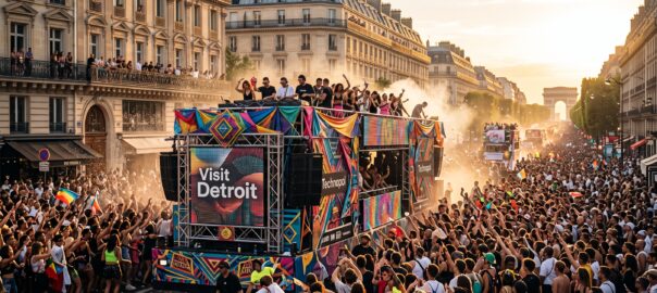 Char sonorisé coloré traversant un boulevard parisien bondé lors de la Techno Parade, entouré de centaines de festivaliers qui dansent dans la rue