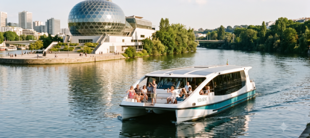 Catamaran électrique de la navette fluviale des Hauts-de-Seine sur la Seine, avec La Seine Musicale et l'Île Seguin en arrière-plan par une belle journée d'été