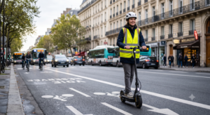 Jeune navetteur parisien sur une trottinette électrique portant un casque blanc et un gilet jaune réfléchissant sur une piste cyclable parisienne