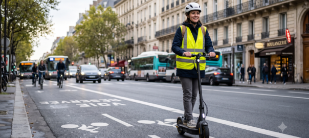 Jeune navetteur parisien sur une trottinette électrique portant un casque blanc et un gilet jaune réfléchissant sur une piste cyclable parisienne