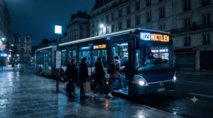 Bus de nuit Noctilien à un arrêt parisien après le dernier métro