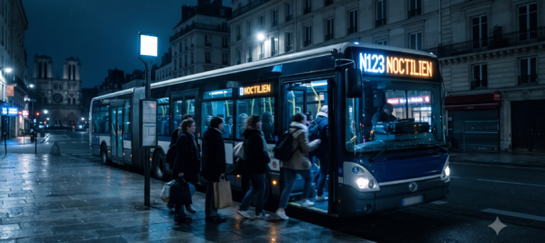 Bus de nuit Noctilien à un arrêt parisien après le dernier métro