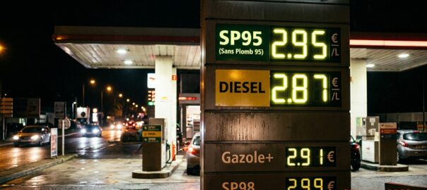 Panneau d'affichage des prix d'une station-service française montrant le SP95 à 2,95 €/L et le diesel à 2,87 €/L de nuit, illustrant la flambée des prix du carburant en 2026