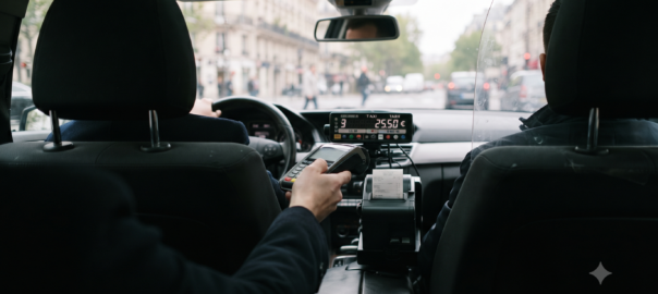 Terminal de paiement par carte bancaire tendu au passager dans un taxi parisien