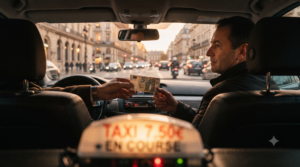 Passager tendant un billet de 5 euros à un chauffeur de taxi parisien en fin de course