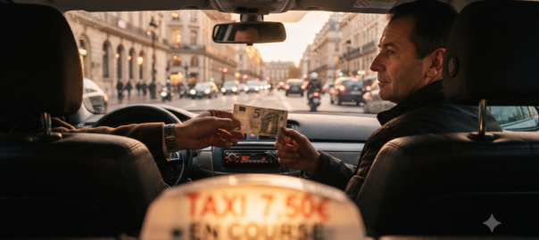 Passager tendant un billet de 5 euros à un chauffeur de taxi parisien en fin de course