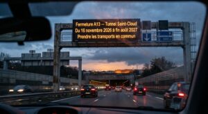 Vue depuis l'habitacle d'une voiture sur l'autoroute A13, panneau à message variable lumineux en orange visible au-dessus de la chaussée annonçant la fermeture du tunnel de Saint-Cloud, avec l'entrée du tunnel visible en arrière-plan
