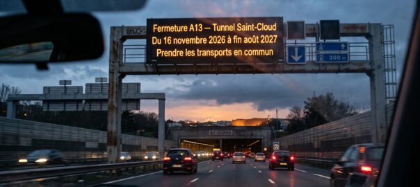 Vue depuis l'habitacle d'une voiture sur l'autoroute A13, panneau à message variable lumineux en orange visible au-dessus de la chaussée annonçant la fermeture du tunnel de Saint-Cloud, avec l'entrée du tunnel visible en arrière-plan
