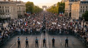 Champs-Élysées fermés à la circulation lors de la visite du pape Léon XIV à Paris en septembre 2026, barrières de sécurité et forces de l'ordre visibles