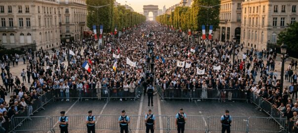 Champs-Élysées fermés à la circulation lors de la visite du pape Léon XIV à Paris en septembre 2026, barrières de sécurité et forces de l'ordre visibles
