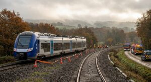 TER régional arrêté sur voie ferrée en Normandie, avec véhicules de secours en arrière-plan, illustrant les procédures d'intervention après un incident ferroviaire