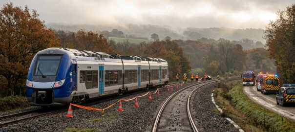 TER régional arrêté sur voie ferrée en Normandie, avec véhicules de secours en arrière-plan, illustrant les procédures d'intervention après un incident ferroviaire
