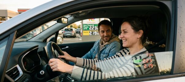Deux covoitureurs souriants dans une voiture sur une aire d'autoroute française, panneau de prix carburant visible à 2,20 €/L en arrière-plan, illustrant la hausse du recours au covoiturage en 2026
