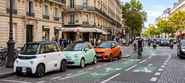 Trois voitures sans permis électriques de styles différents garées côte à côte sur une rue parisienne ensoleillée avec une piste cyclable visible