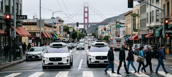 Deux robotaxis Waymo autonomes à un feu rouge à San Francisco, capteurs visibles sur le toit, avec le Golden Gate Bridge en arrière-plan dans la brume californienne