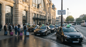File de taxis parisiens devant la station d'une grande gare de Paris