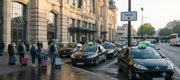 File de taxis parisiens devant la station d'une grande gare de Paris