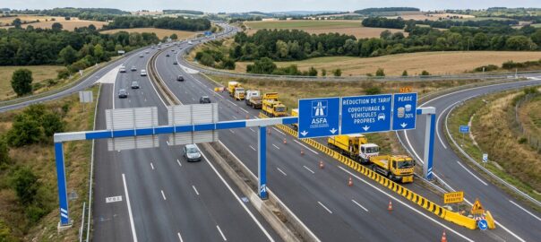 Panneau d'autoroute indiquant la réduction de 50 % sur le péage de l'A14 de Montesson pendant les travaux du tunnel Saint-Cloud sur l'A13