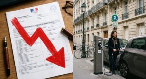 Document fiscal avec une flèche rouge vers le bas symbolisant la perte de recettes fiscales, à côté d'une voiture électrique en charge sur une rue parisienne