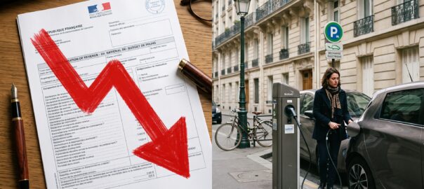 Document fiscal avec une flèche rouge vers le bas symbolisant la perte de recettes fiscales, à côté d'une voiture électrique en charge sur une rue parisienne